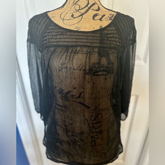 Sparkly Sheer Black Embroidered 3/4 Sleeve Top Blouse Shirt Size Medium See Pics - Picture 2 of 12